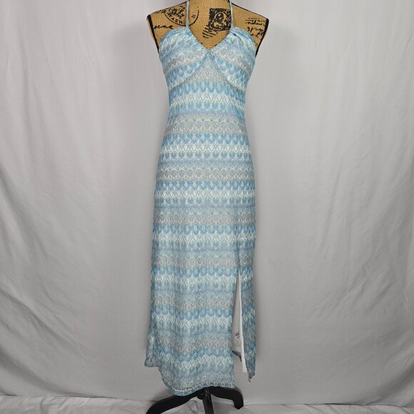 Wild Fable Maxi Halter Dress M Blue Geometric Open Back Tie Slit Y2K Boho Chic - Picture 1 of 15